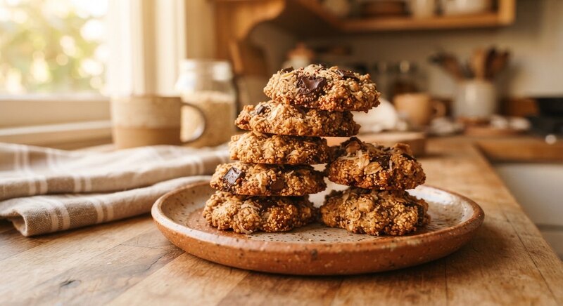 Galletas artesanales mexicanas de amaranto, avena, coco y chocolate en platos de cerámica rústica.