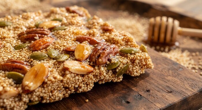 Barra de alegría de amaranto con nueces tostadas y brillo de miel.