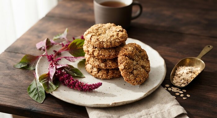Galletas de avena y amaranto recién horneadas junto a hojas de amaranto y avena entera.