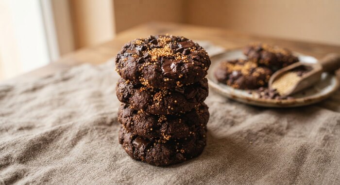 Galletas de chocolate oscuro con amaranto reventado y trozos de cacao sobre lino.