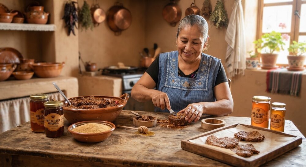 Dulces de amaranto tostado elaborándose a mano en una cocina tradicional, con frascos de miel y cuencos de barro