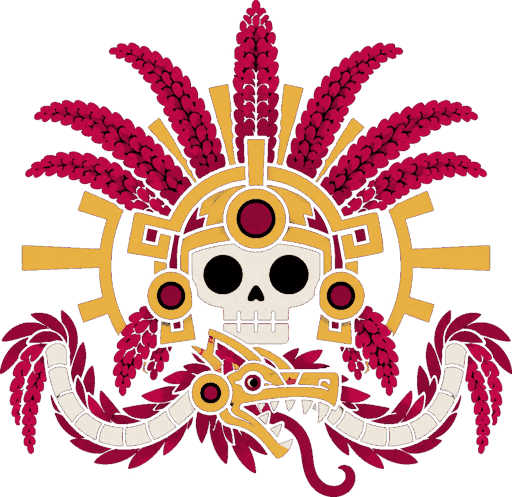 Emblema de Una vez más: cráneo prehispánico con penacho de espigas de amaranto