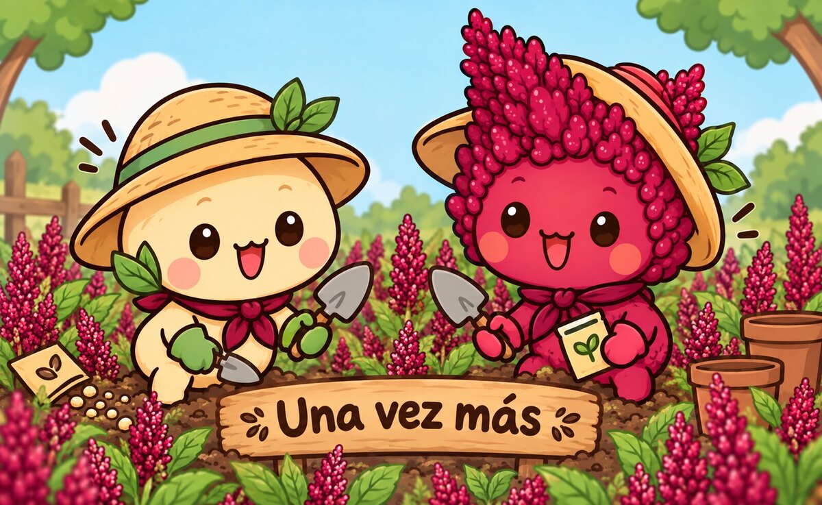 Ami y Ranto, las mascotas de Una vez más, sembrando en un campo de amaranto junto a un letrero de madera que dice Una vez más