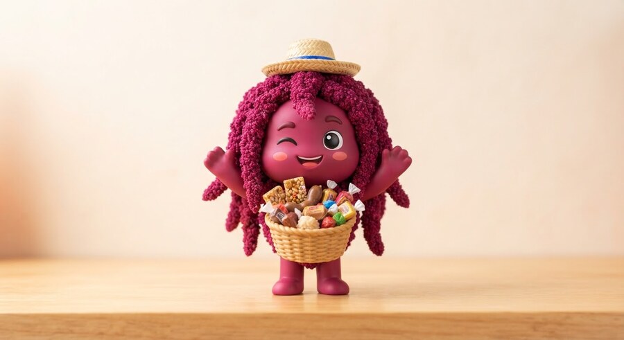 Ranto, la flor de amaranto magenta, con sombrero de campo y una canasta de mimbre llena de dulces artesanales