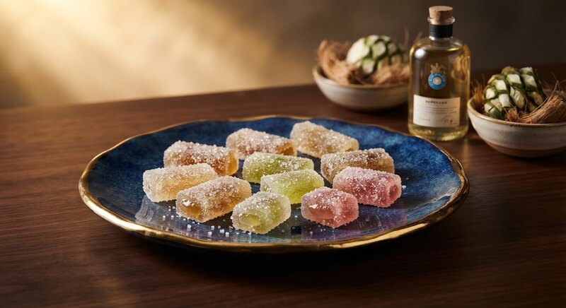 Borrachitos de tequila cubiertos de azúcar cristalizada en un plato artesanal.