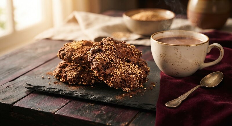 Galletas de chocolate con amaranto tostado espolvoreadas con cacao mexicano.