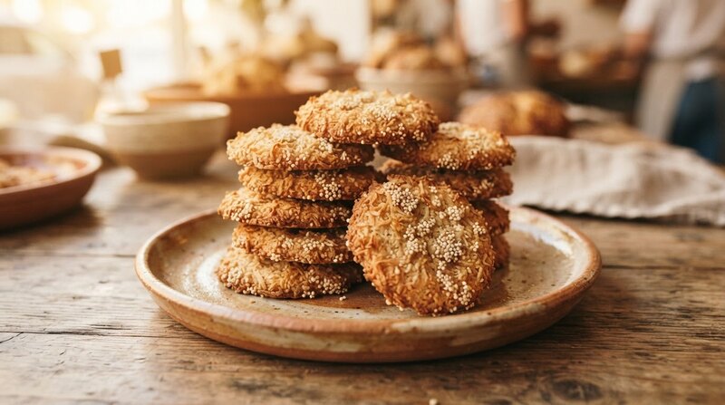 Galletas doradas de coco tostado con racimos de amaranto en loza artesanal.