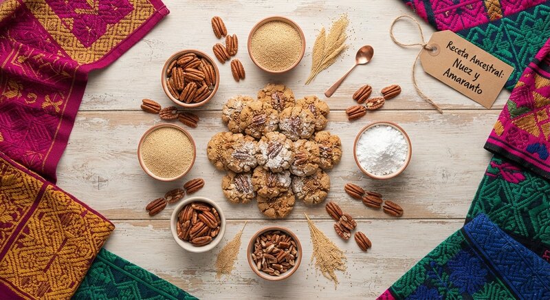 Galletas de nuez pecana espolvoreadas con amaranto y azúcar glass sobre madera rústica.